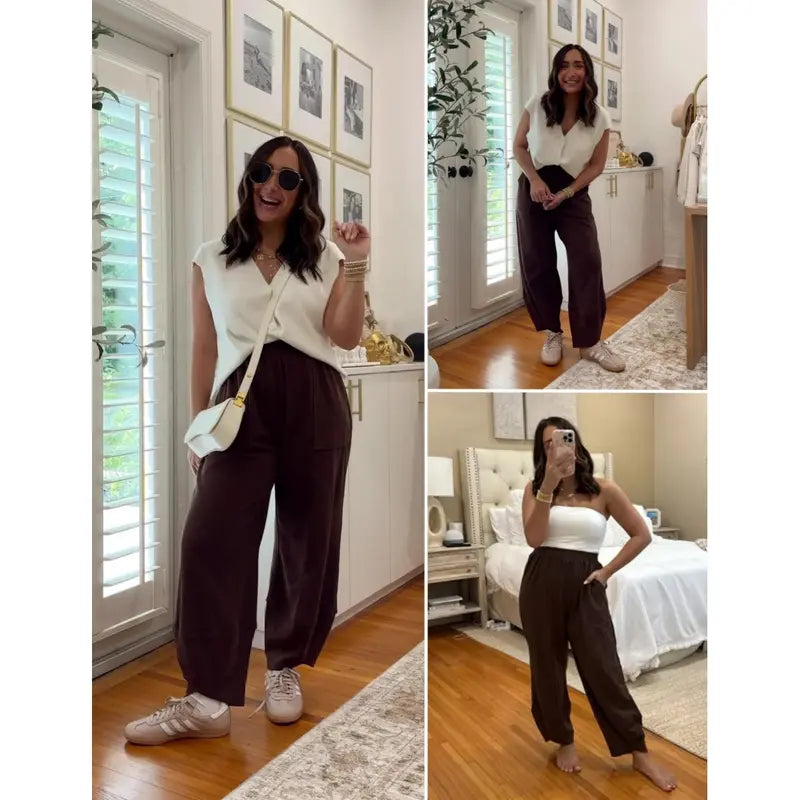 UANEO SummerVibes Women's Baggy Wideleg Pants Casual Elastic Waisted Palazzo Harem Pants with Pockets