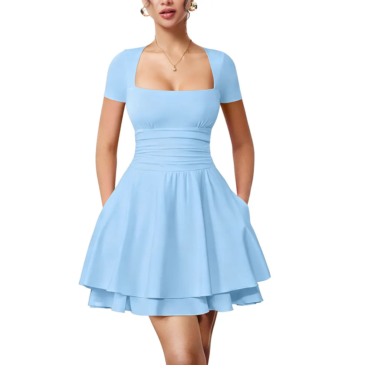 Women's Casual Square Neck Ruffle Hem Mini Dress Short Sleeve Short Party Dresses With Pockets