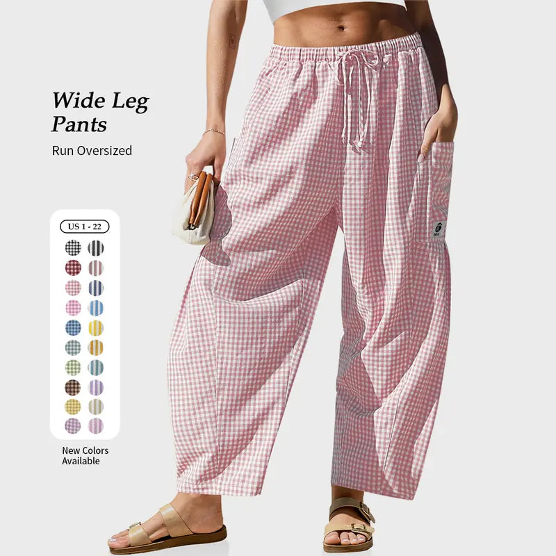 【SS26 Collection】Womens Wide Leg Gingham Striped Plaid Pants Casual Barrel Loose Drawstring Low Waist Palazzo Harem Pants with Pockets