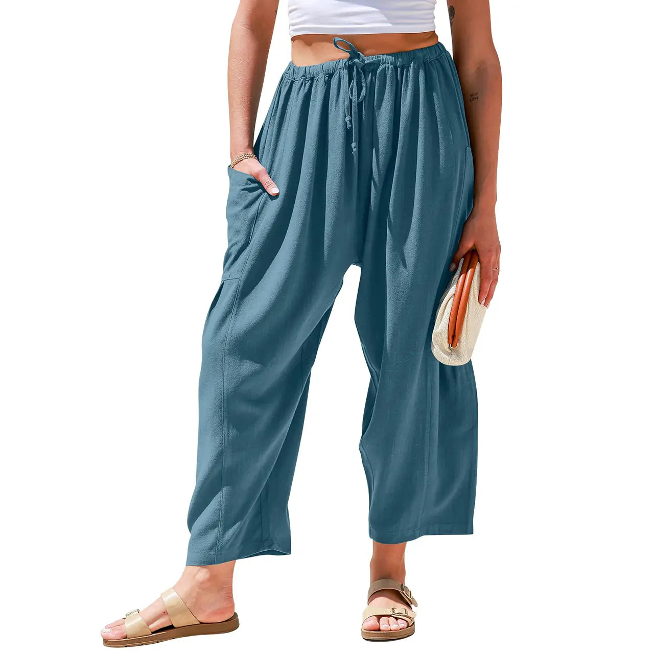 TARES Womens Linen Blend Wide Leg Pants Oversize Casual Loose Fit Beach Palazzo Harem Pants with Pockets Vacation summer outfits Womenswear