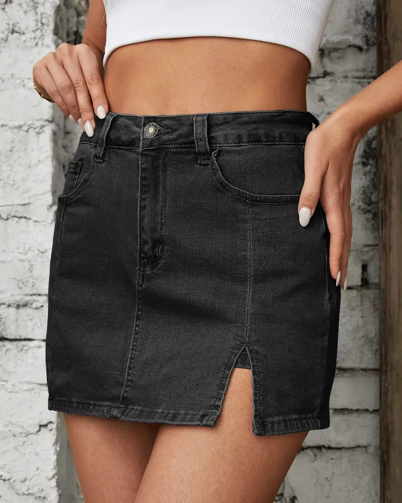 luvamia Skorts Skirts for Women Denim Mini Casual Oversize Skirt Side Slit with High Waisted Jean Shorts Stretchy