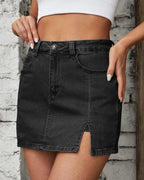 luvamia Skorts Skirts for Women Denim Mini Casual Oversize Skirt Side Slit with High Waisted Jean Shorts Stretchy