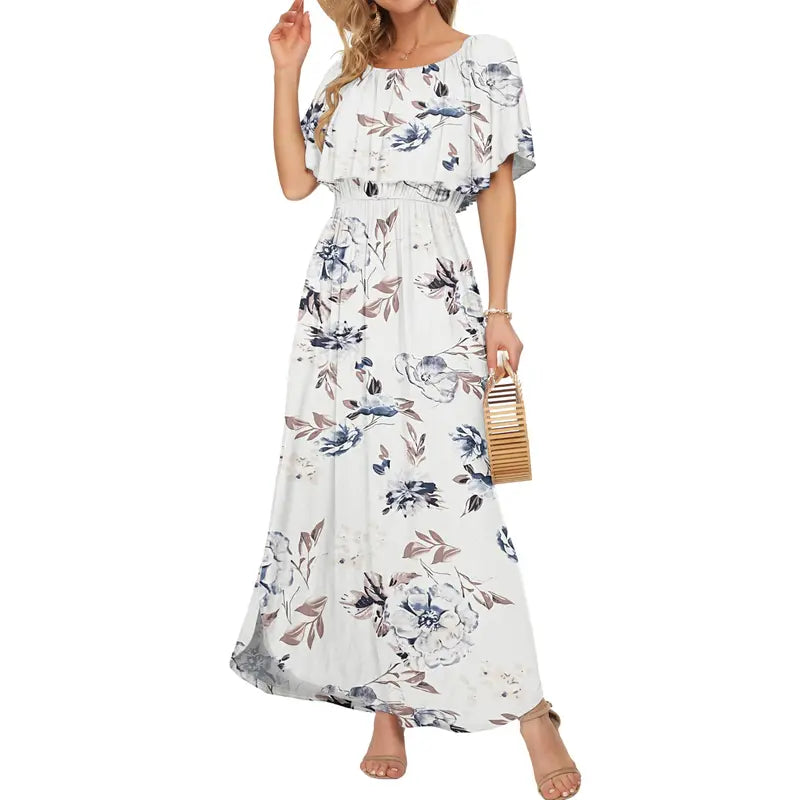 Women's Plus Size Off The Shoulder Dress Wedding Guest Dress Summer Casual Long Ruffle Party Side Split Beach Maxi Dresses with Pockets