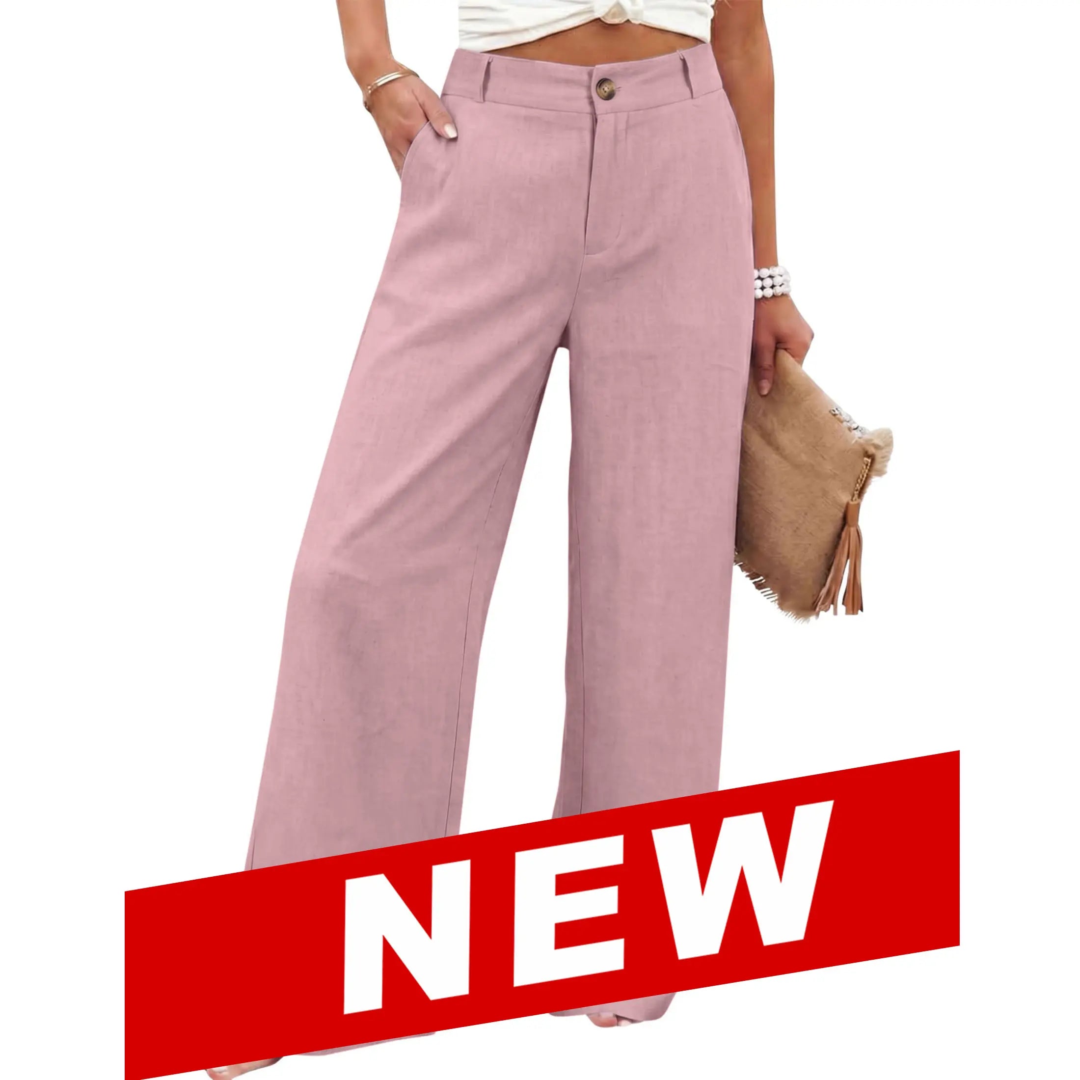 Tanming Damen Baumwoll-Leinen-Hose Freizeit-Knopfhose mit hoher Taille Weites Bein Hose Minimalistisch Basic Atmungsaktiver Stoff Lässige Weite Bequeme Sommer Strandhose,summerwins