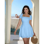 Women's Casual Square Neck Ruffle Hem Mini Dress Short Sleeve Short Party Dresses With Pockets
