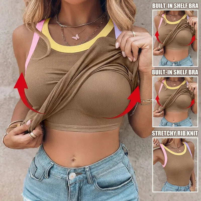 ChicMe Built-in Bra Tank Top Ribbed Racerback Tops Women Going Out Tops Everyday Basic Tanks Padded Tops