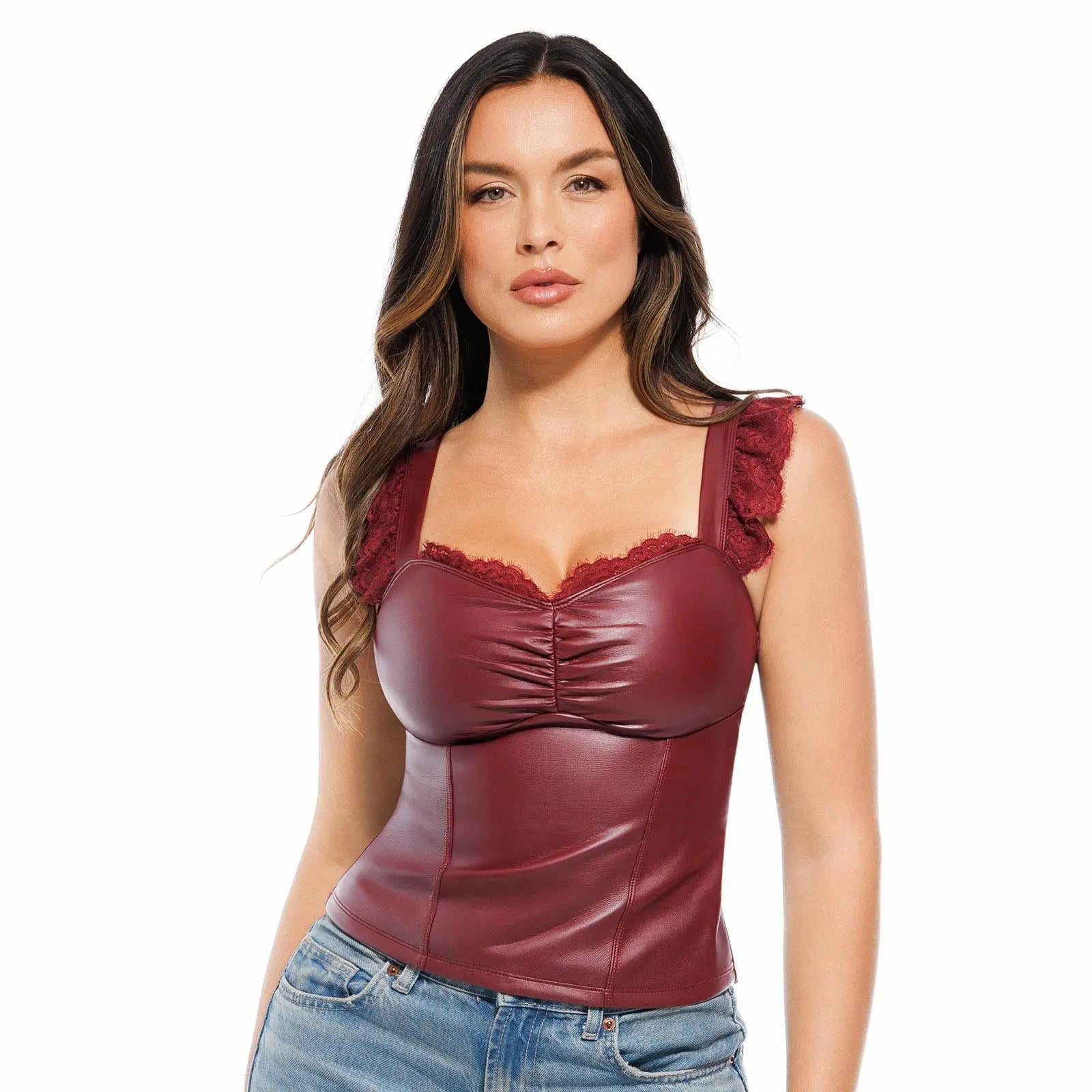 【Runs Small】Popilush Basic Faux Leather Corset Top Supportive Shapewear Bodysuit Lingerie Lace Trim Tummy Control Bustier Sleeveless Womenswear Summervibe