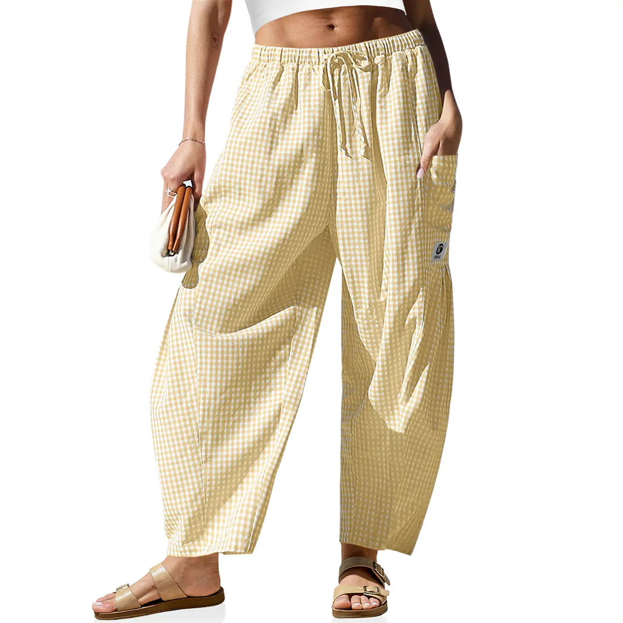 【SS26 Kollektion】Damen Weite Hose Gestreifte Karohose Freizeit Barrel Loose Kordelzug Niedrige Taille Palazzo Haremshose mit Taschen