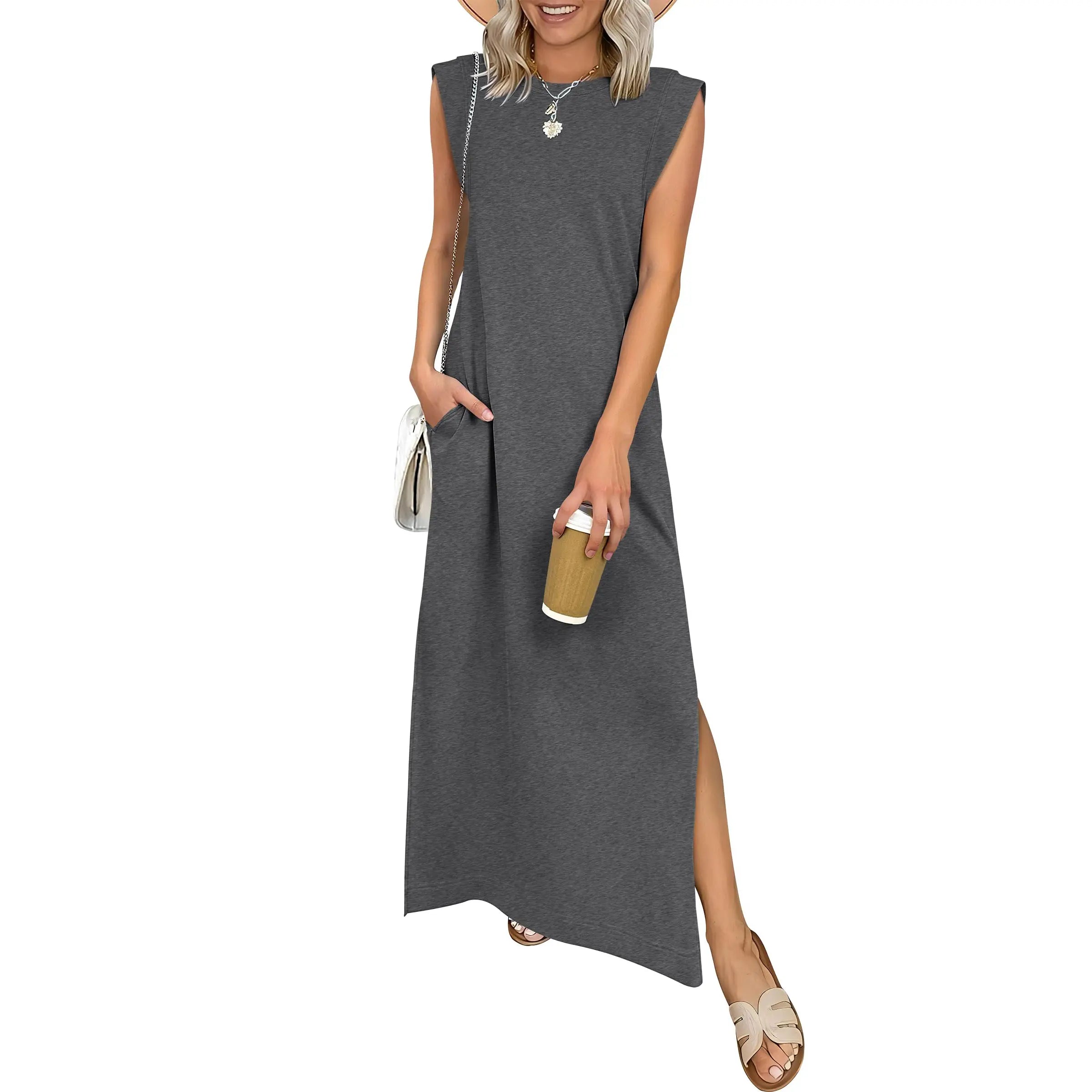 Women Summer Casual Sleeveless Maxi Dress 2026 Crewneck Loose Split Wrinkle-Free Beach Travel Vacation Long Sundress