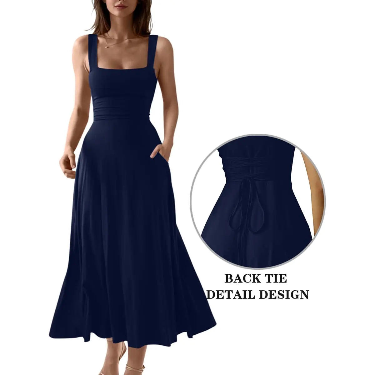 Women's Casual Sleeveless Square Neck A-Line Solid Slim Flowy Long Dress with Pockets & Back Tie Detail Design