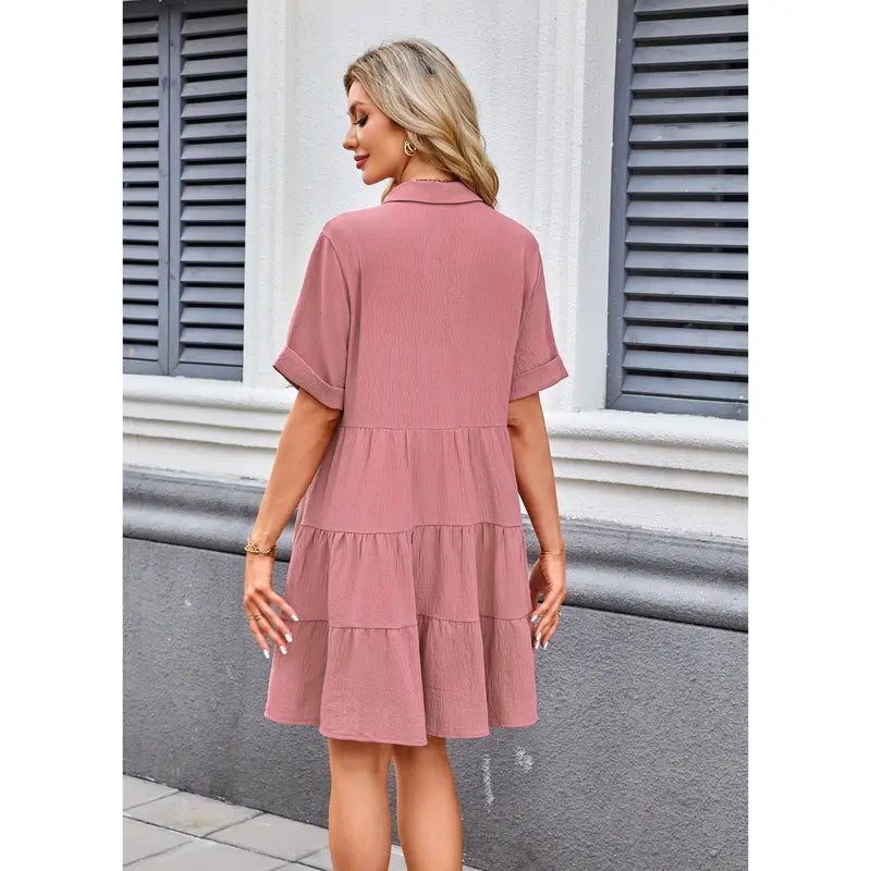 Babydoll-Kleid für Damen, Kurzarm, geknöpft, strukturiert, nicht anliegend, locker sitzend, fließendes Minikleid mit Taschen, Sommerkleid 2026 neu