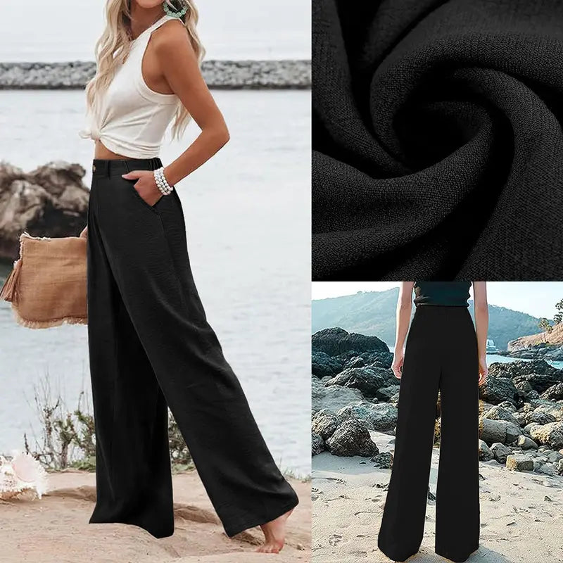 Tanming Womens Cotton Linen Pants Casual Button Up High Waisted Wide Leg Trousers Minimalist Basic Breathable Fabric Casual Loose Comfy Summer Beach Trousers,summerwins
