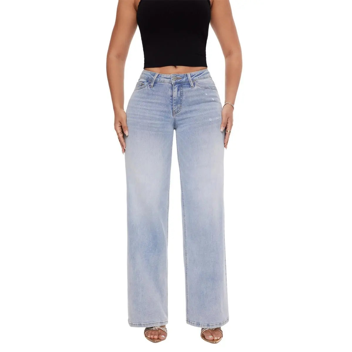 Magic SOONE Mid-low Rise Baggy Jeans Stretchy Wide Leg for Women Distressed Pants Womenswear Bottom 8001 Lady Basic Minimalist Comfortable Denim Tummy Control Curve Hugging Plus Size Regular Size BBL Spring Fashion Daily Outfits