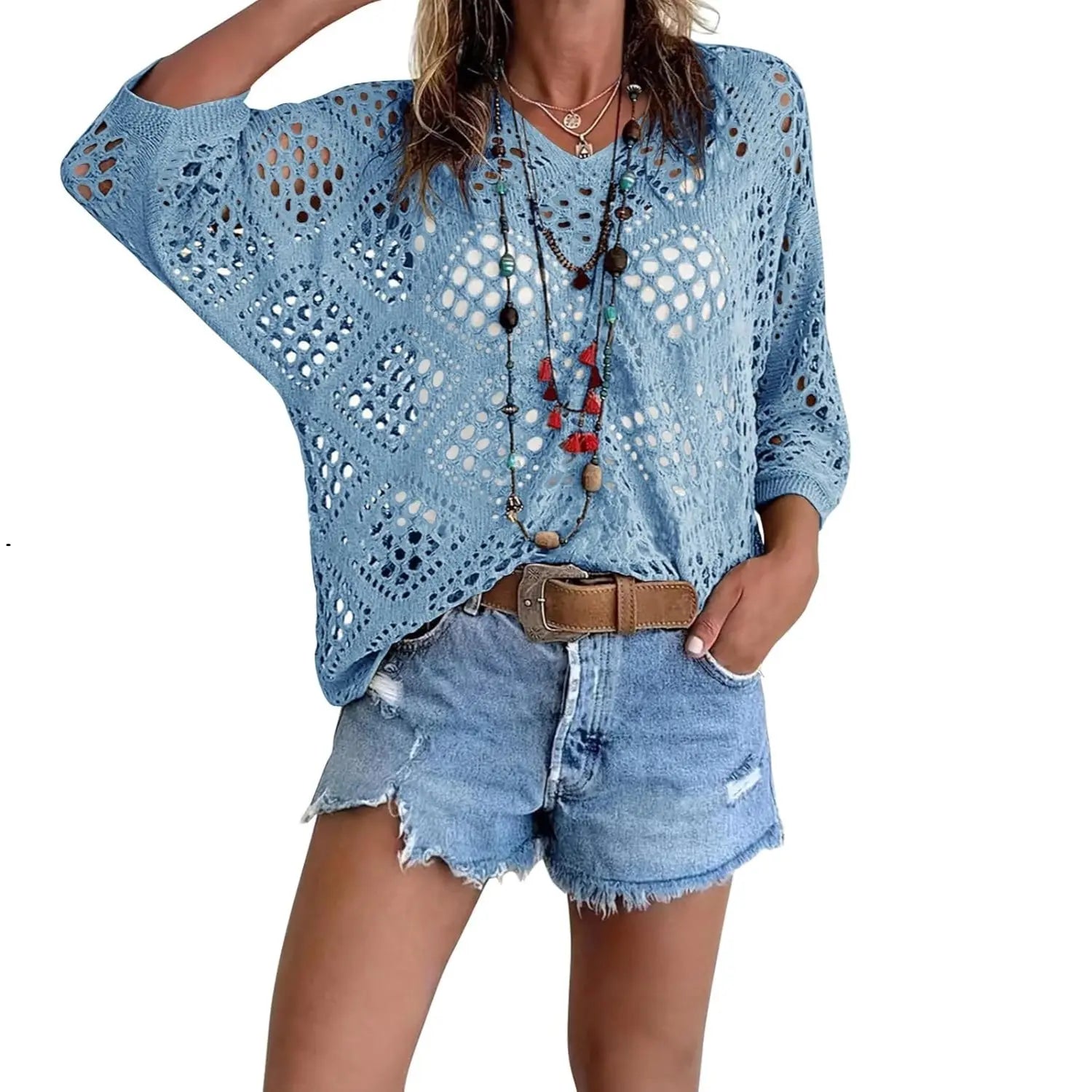 Fisoew Women's Bohemian-Inspired Beige Crochet Top with V-Neck #Springtok #summervibes Casual Chic Womenswear Lightweight costco finds this week tops women's clothes flash sale summer tops