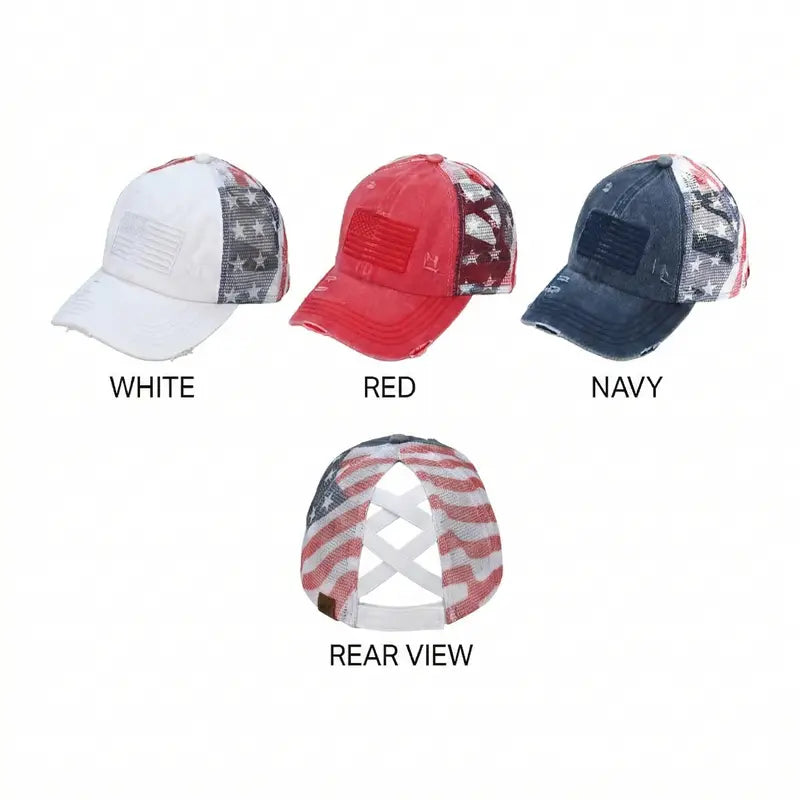C.C Patriotic Adjustable Women’s Baseball Cap Cotton Brushed Embroidered Hat with Criss-Cross Elastic Band American Flag Mesh Back Durable Accessory Fit Perfect for Memorial day and July 4th