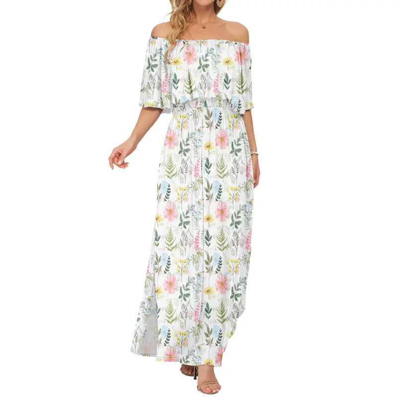 Women's Plus Size Off The Shoulder Dress Wedding Guest Dress Summer Casual Long Ruffle Party Side Split Beach Maxi Dresses with Pockets