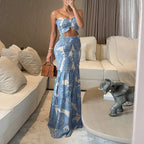 Women's Tropical Floral Print Smocked Maxi Dress Ruched Bandeau Cutout Summer Vacation Dress Elegant Shirred Ruffle Hem Mermaid Beach Dress/Summer Dress/Seaside Vacation Sleeveless Skirt