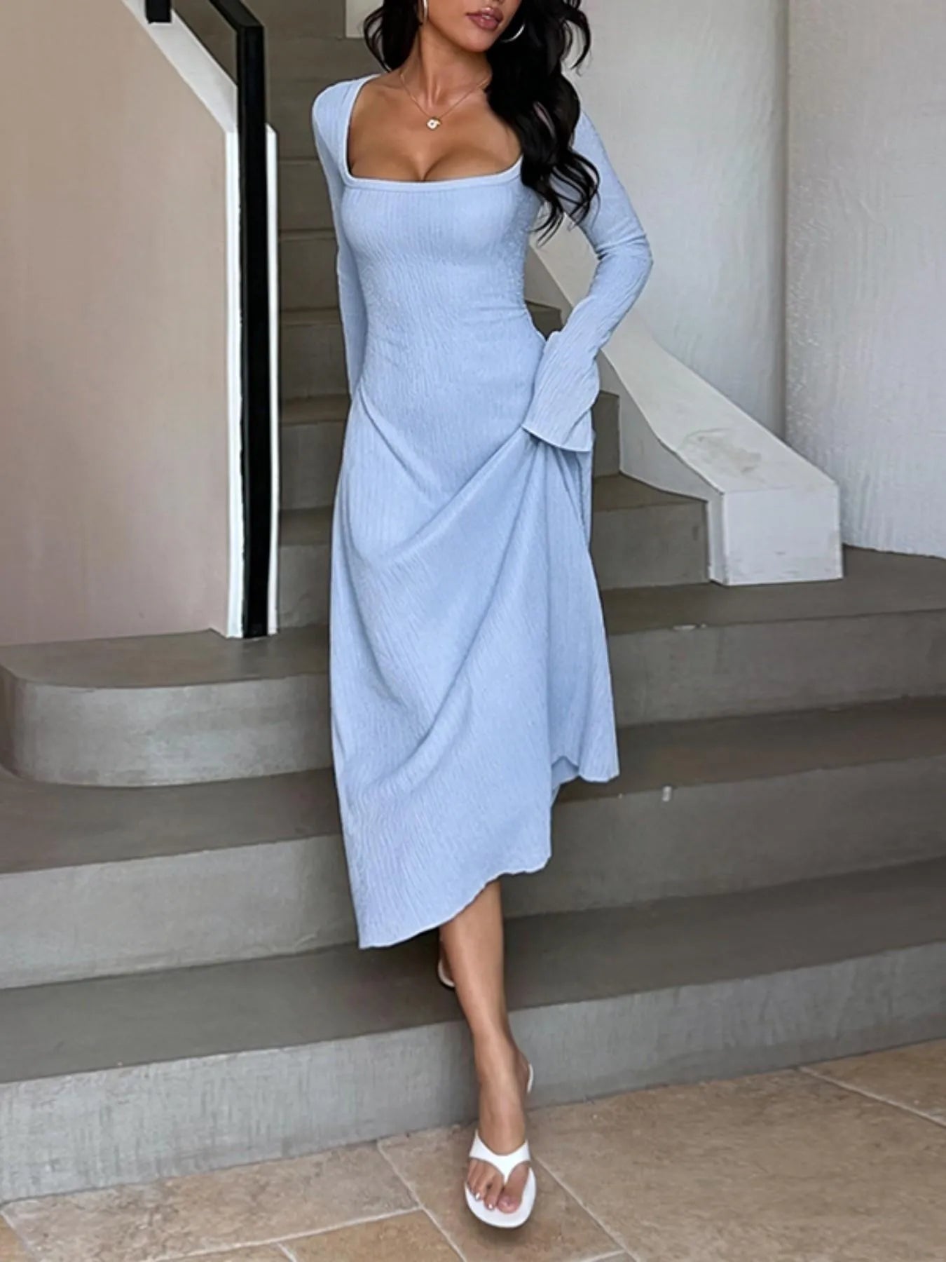 Women's Plain Lace Up Tie Back Flounce Sleeve Dress, 1 Count Chic Elegant Square Neck Long Sleeve A Line Dress for Formal Party Holiday Wedding Guest, Ladies Spring&Fall Clothes