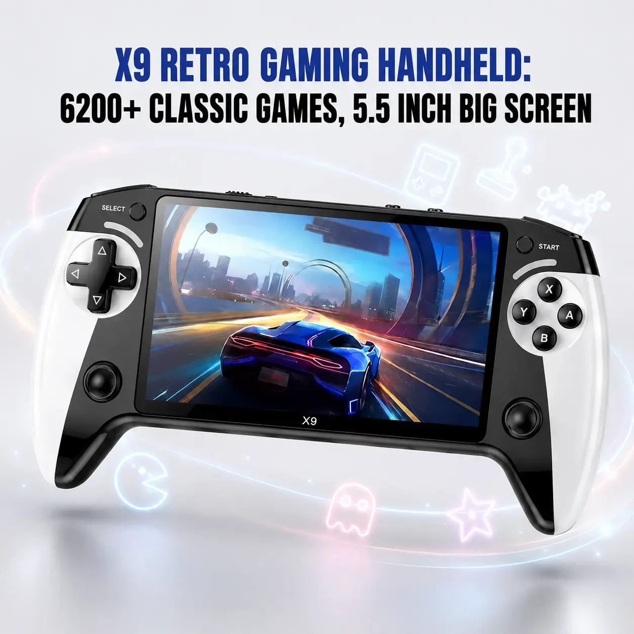 X9 Retro Handheld Game Console with 5.5-inch HD IPS Eye-Protection Screen, Retro Gaming Console with TXT E-Book, Linux System, TV Output, 6200+ Games, External Gamepad, Music, 2000mAh Handheld Console
