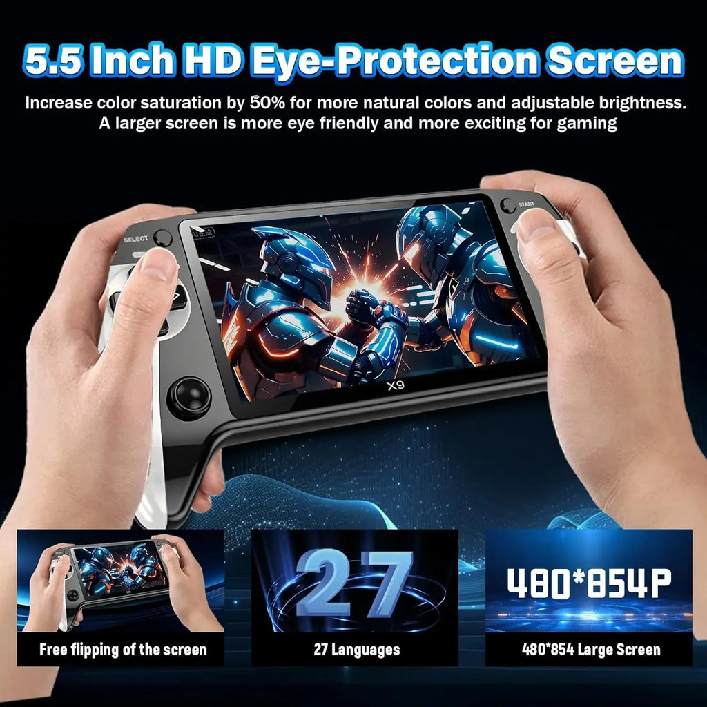 X9 Retro Handheld Game Console with 5.5-inch HD IPS Eye-Protection Screen, Retro Gaming Console with TXT E-Book, Linux System, TV Output, 6200+ Games, External Gamepad, Music, 2000mAh Handheld Console