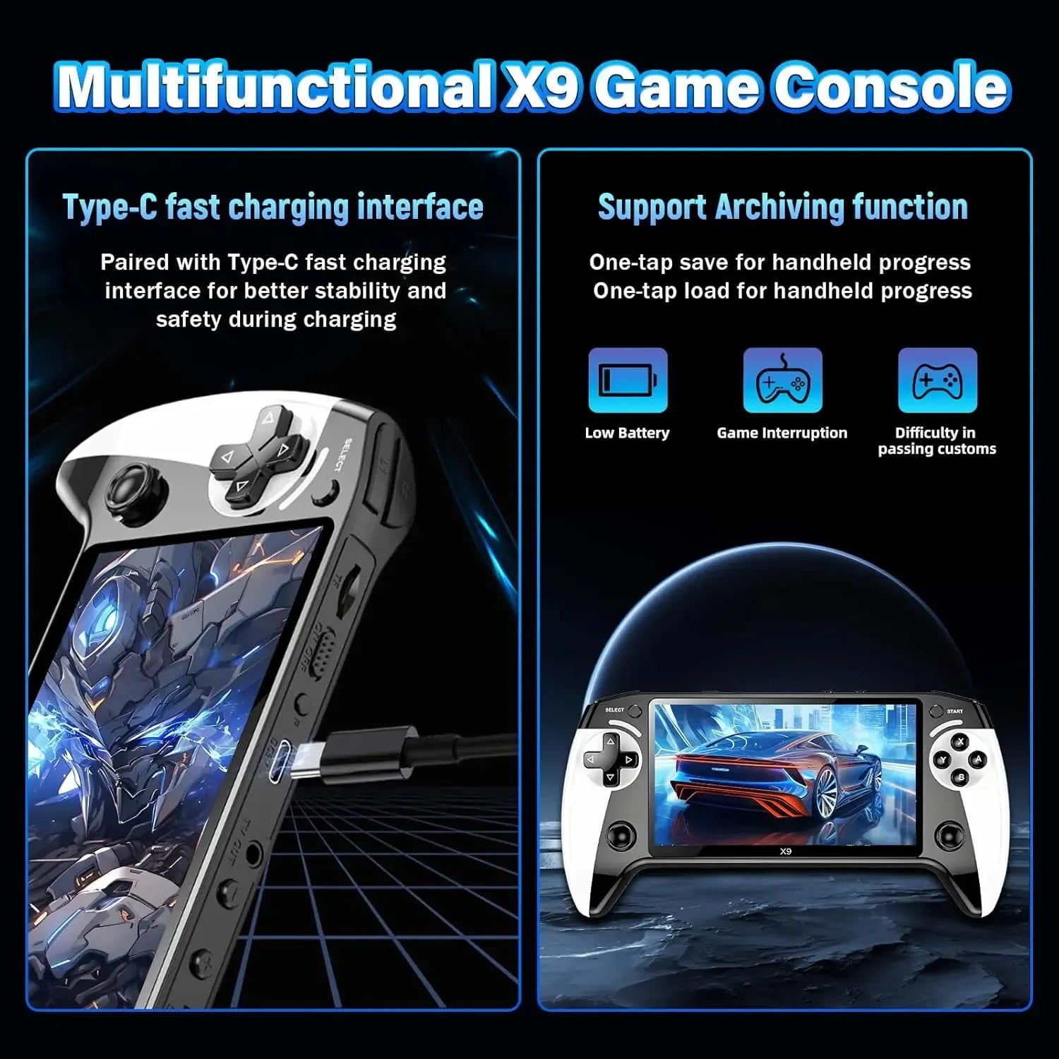 X9 Retro Handheld Game Console with 5.5-inch HD IPS Eye-Protection Screen, Retro Gaming Console with TXT E-Book, Linux System, TV Output, 6200+ Games, External Gamepad, Music, 2000mAh Handheld Console