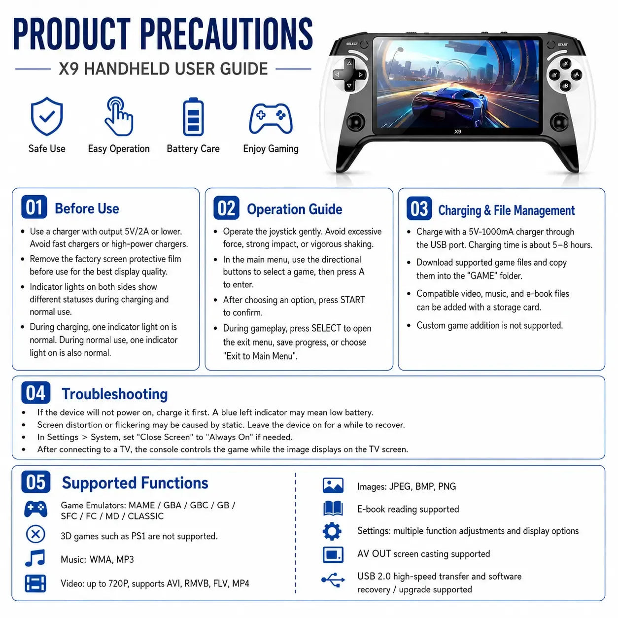 X9 Retro Handheld Game Console with 5.5-inch HD IPS Eye-Protection Screen, Retro Gaming Console with TXT E-Book, Linux System, TV Output, 6200+ Games, External Gamepad, Music, 2000mAh Handheld Console