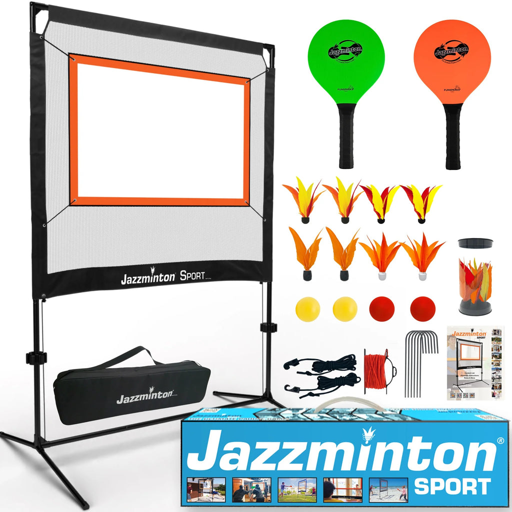 Jazzminton Sport breaks the mold, play indoors or out, no court required. Bring the action to you, set up in minutes and let the rallies fly!
