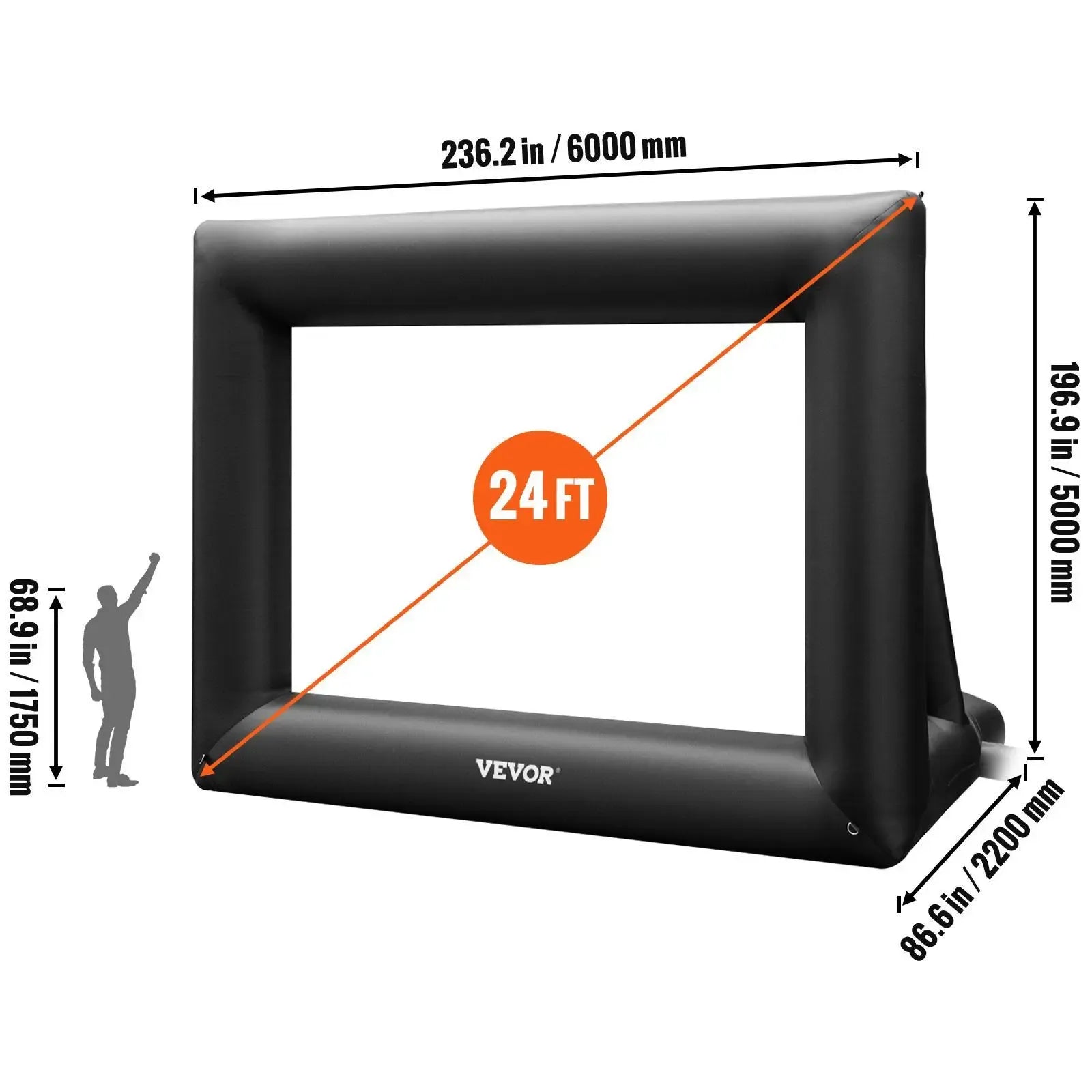 VEVOR Inflatable Movie Screen 24FT Inflatable Projector Screen for outside with 360W Air Blower Inflatable Screen Oxford Fabric Material Blow Up Screen for Outdoor Movie Supports Front/Rear Projection