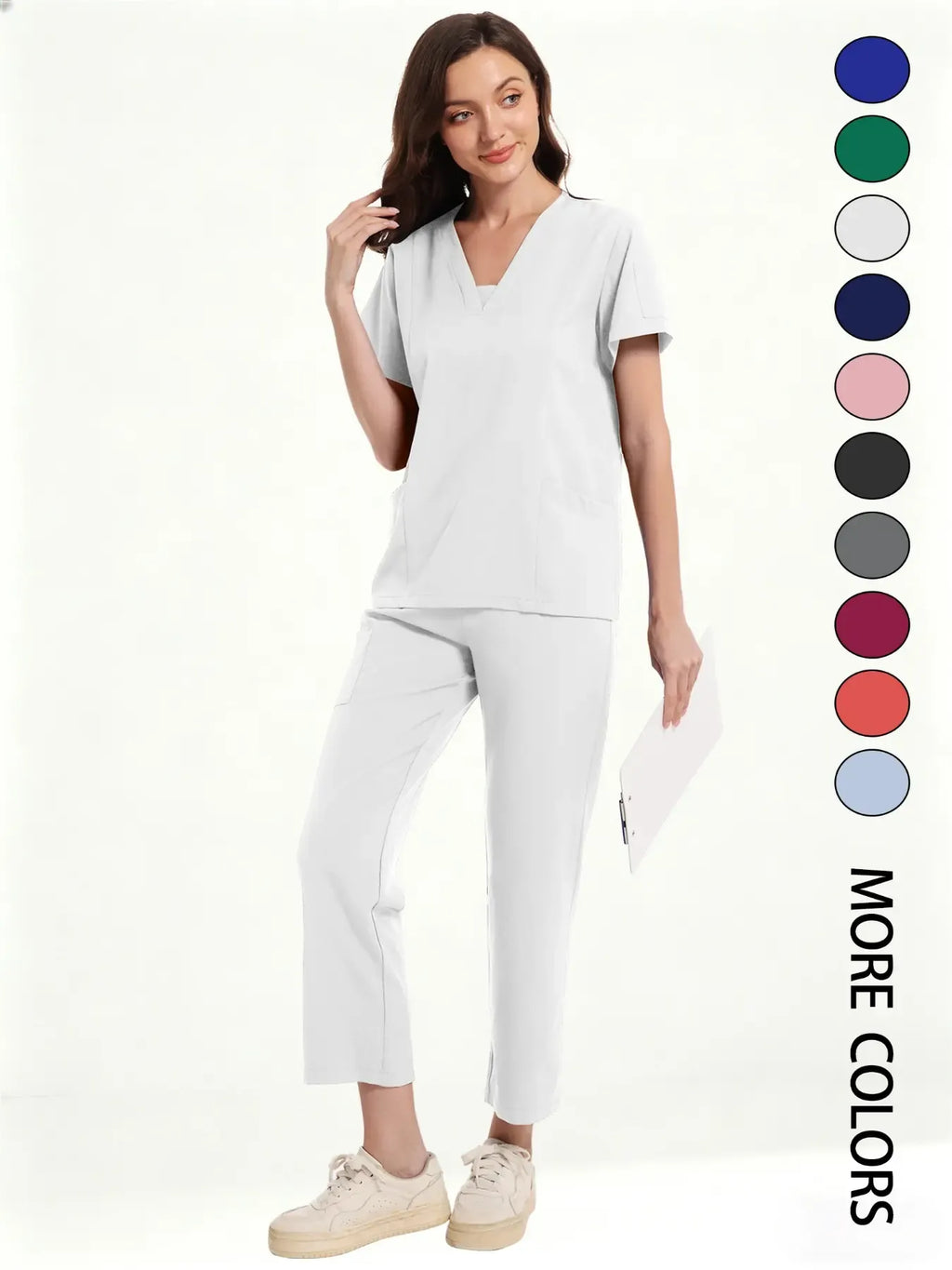 Women's Medical Short Sleeve V-Neck Multi-Pocket Set Uniforms, Lightweight Comfortable Polyester, All Seasons, Suitable for Nurses Doctors Dentists Beauty Salons, Workwear Womenswear