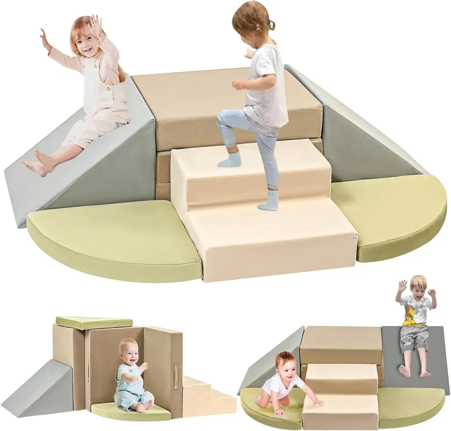 NLDD 6-Piece Toddler Climbing Toys Indoor Soft Play Baby Climbing Blocks Safe Wooden Slide Playground Equipment Durable Foam Climbing Toys for Crawling and Sliding
