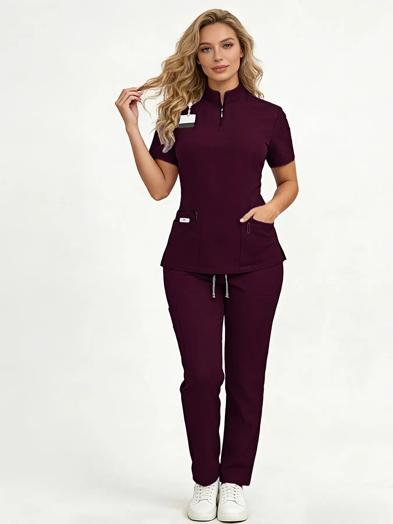 Women's Healthcare Scrub Set Workwear Uniforms with Multi-Pockets, Short-Sleeve Casual Loose-Fitting Design in Breathable Lightweight Quick-Dry Wrinkle-Resistant Fabric, for Home, Clinic and Hospital Use