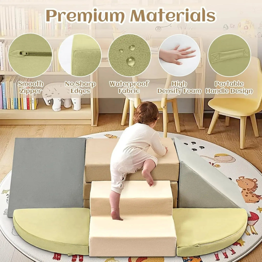 NLDD 6-Piece Toddler Climbing Toys Indoor Soft Play Baby Climbing Blocks Safe Wooden Slide Playground Equipment Durable Foam Climbing Toys for Crawling and Sliding
