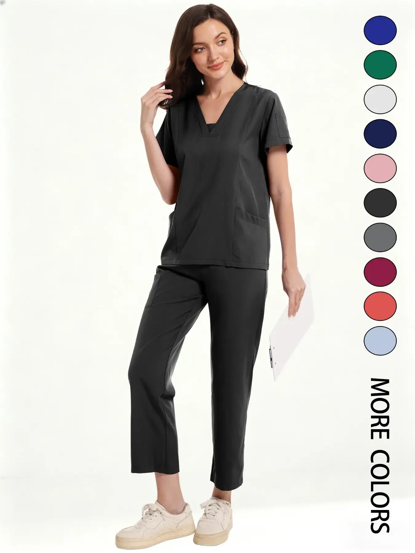 Women's Medical Short Sleeve V-Neck Multi-Pocket Set Uniforms, Lightweight Comfortable Polyester, All Seasons, Suitable for Nurses Doctors Dentists Beauty Salons, Workwear Womenswear