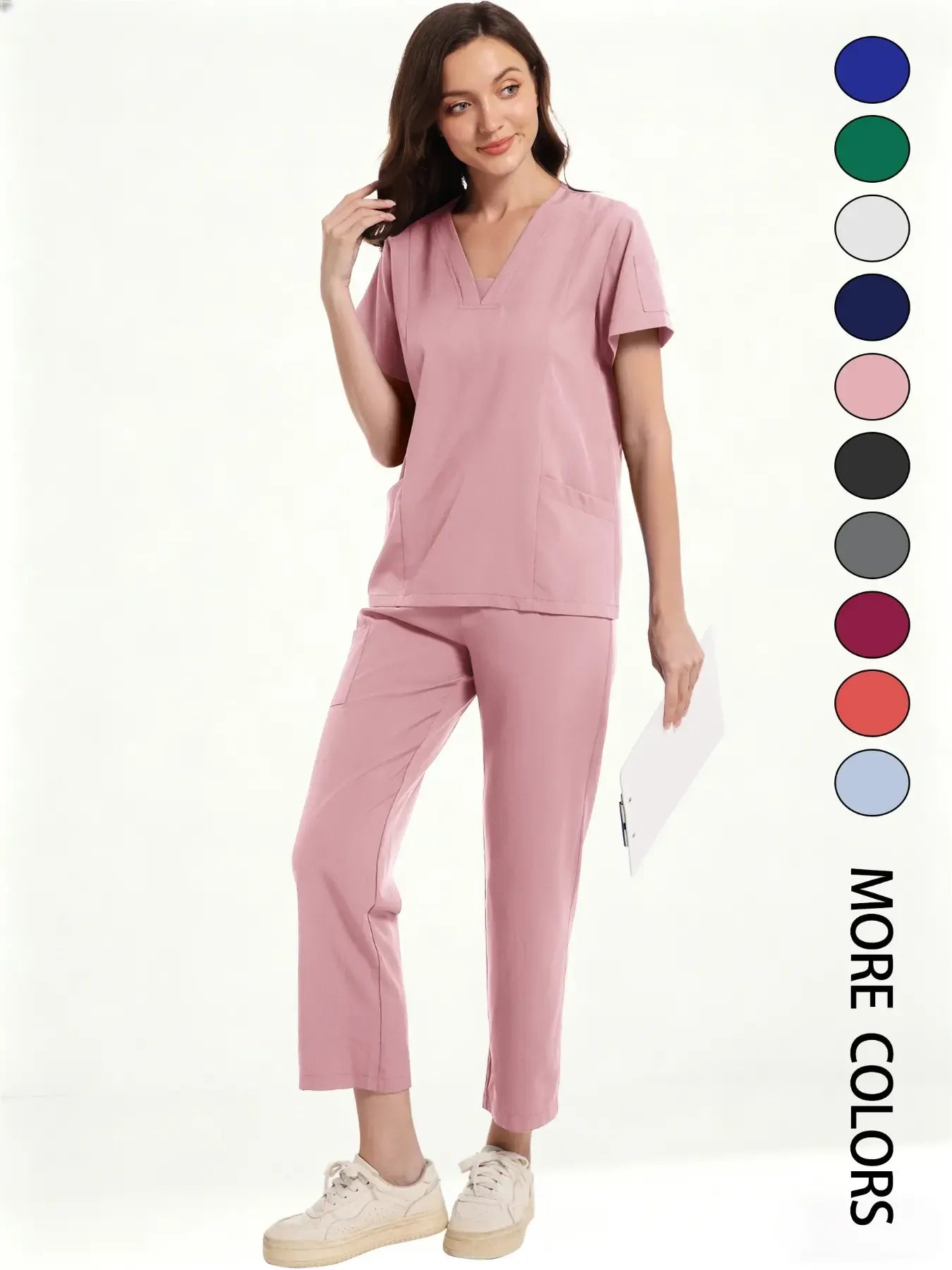 Women's Medical Short Sleeve V-Neck Multi-Pocket Set Uniforms, Lightweight Comfortable Polyester, All Seasons, Suitable for Nurses Doctors Dentists Beauty Salons, Workwear Womenswear