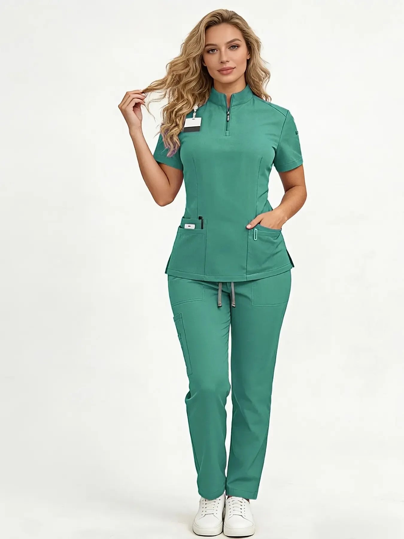 Women's Healthcare Scrub Set Workwear Uniforms with Multi-Pockets, Short-Sleeve Casual Loose-Fitting Design in Breathable Lightweight Quick-Dry Wrinkle-Resistant Fabric, for Home, Clinic and Hospital Use