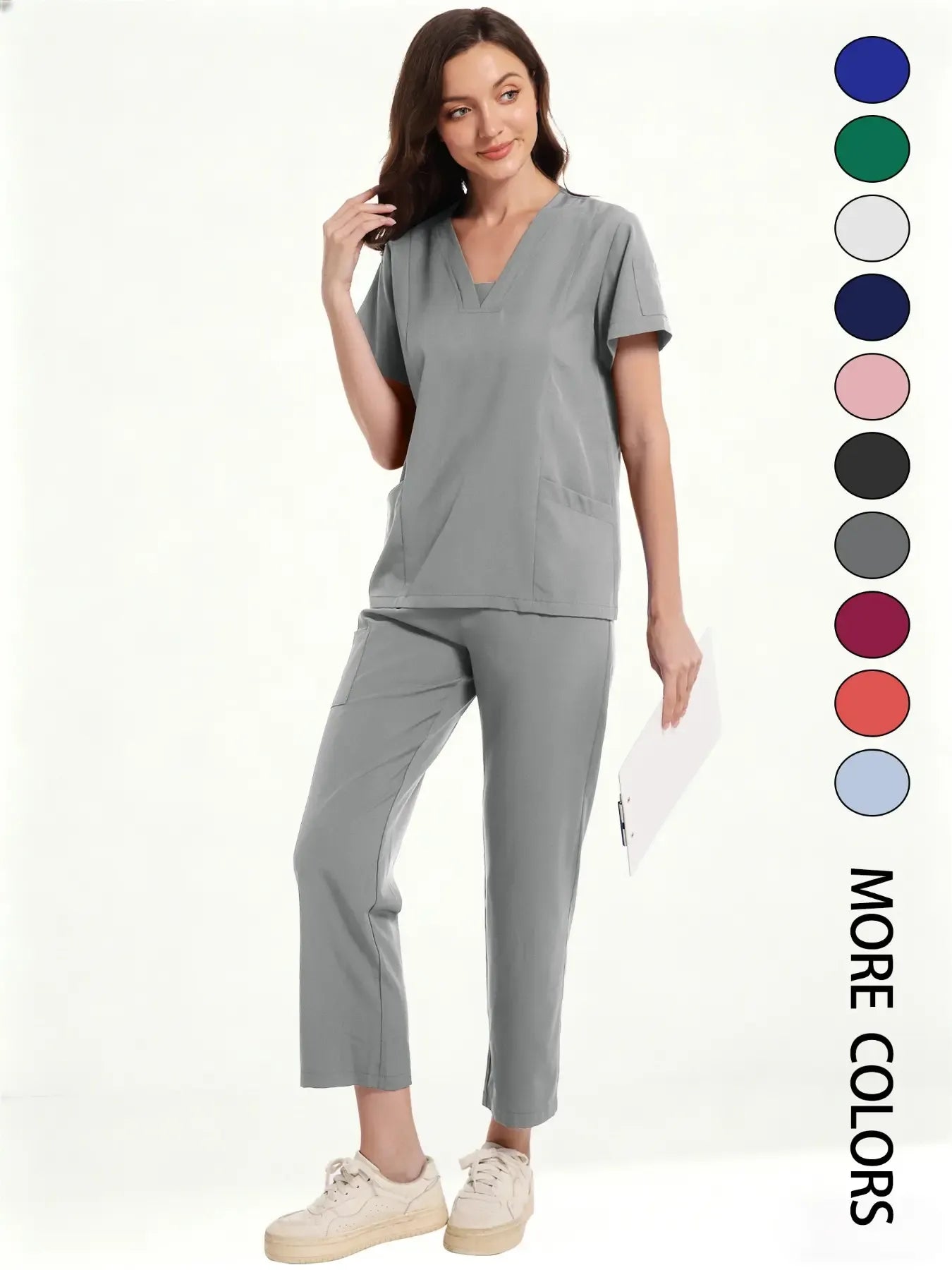 Women's Medical Short Sleeve V-Neck Multi-Pocket Set Uniforms, Lightweight Comfortable Polyester, All Seasons, Suitable for Nurses Doctors Dentists Beauty Salons, Workwear Womenswear
