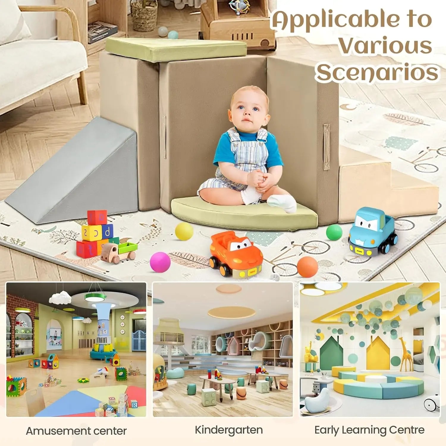 NLDD 6-Piece Toddler Climbing Toys Indoor Soft Play Baby Climbing Blocks Safe Wooden Slide Playground Equipment Durable Foam Climbing Toys for Crawling and Sliding