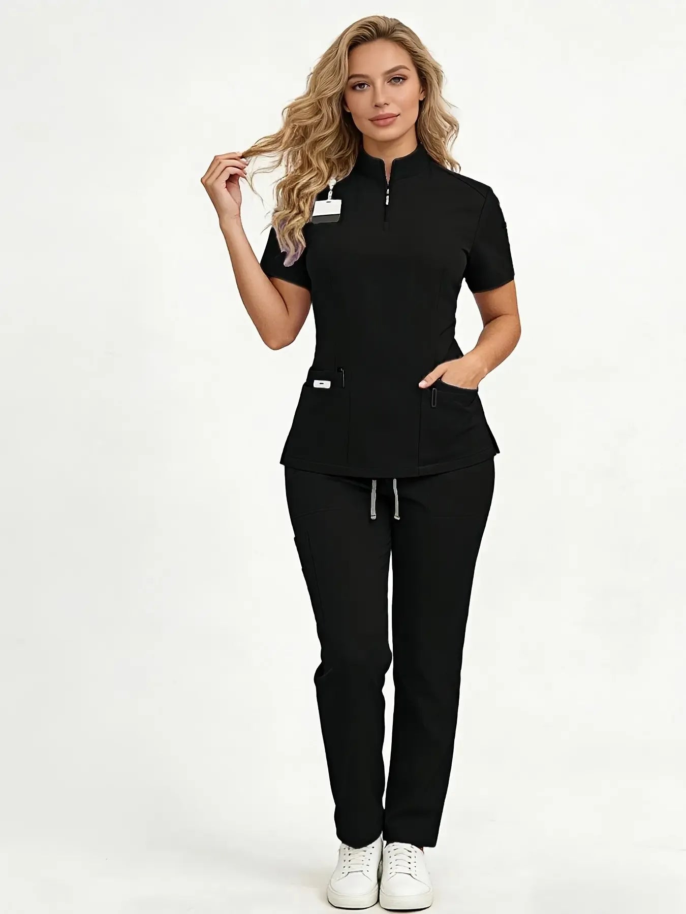 Women's Healthcare Scrub Set Workwear Uniforms with Multi-Pockets, Short-Sleeve Casual Loose-Fitting Design in Breathable Lightweight Quick-Dry Wrinkle-Resistant Fabric, for Home, Clinic and Hospital Use