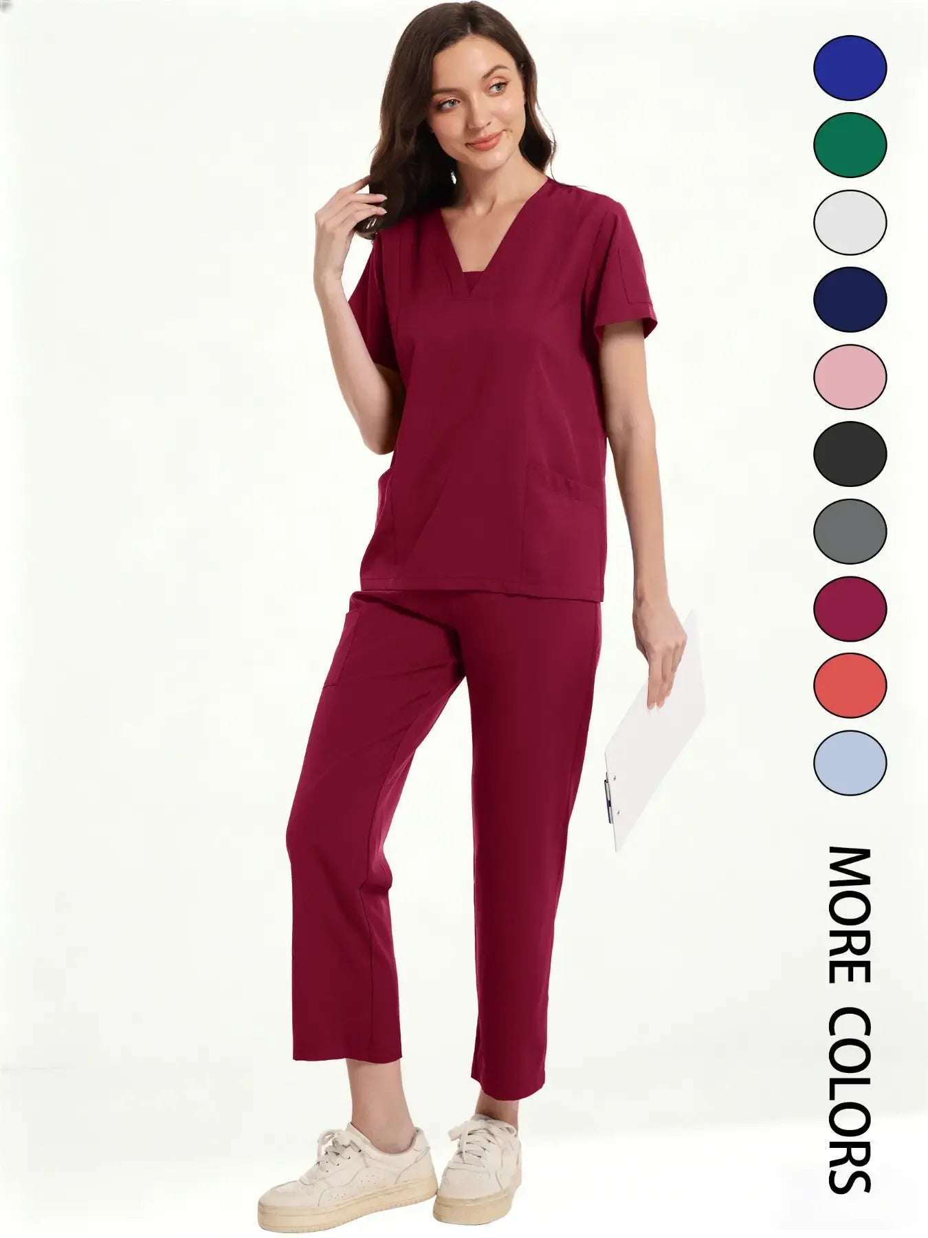 Women's Medical Short Sleeve V-Neck Multi-Pocket Set Uniforms, Lightweight Comfortable Polyester, All Seasons, Suitable for Nurses Doctors Dentists Beauty Salons, Workwear Womenswear