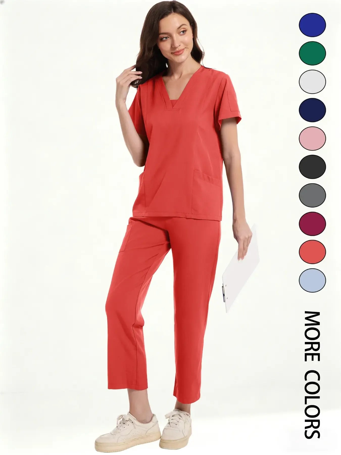 Women's Medical Short Sleeve V-Neck Multi-Pocket Set Uniforms, Lightweight Comfortable Polyester, All Seasons, Suitable for Nurses Doctors Dentists Beauty Salons, Workwear Womenswear