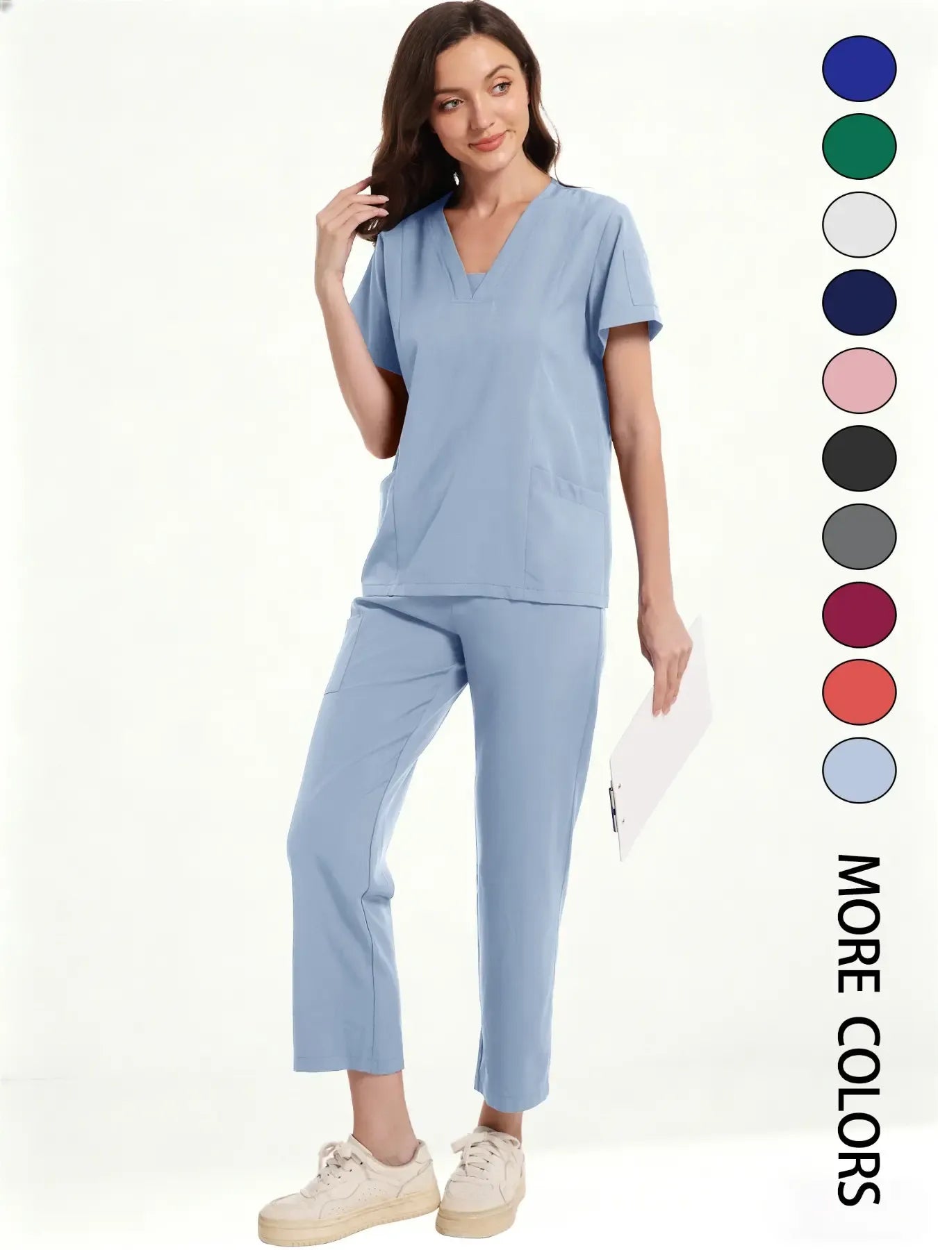 Women's Medical Short Sleeve V-Neck Multi-Pocket Set Uniforms, Lightweight Comfortable Polyester, All Seasons, Suitable for Nurses Doctors Dentists Beauty Salons, Workwear Womenswear