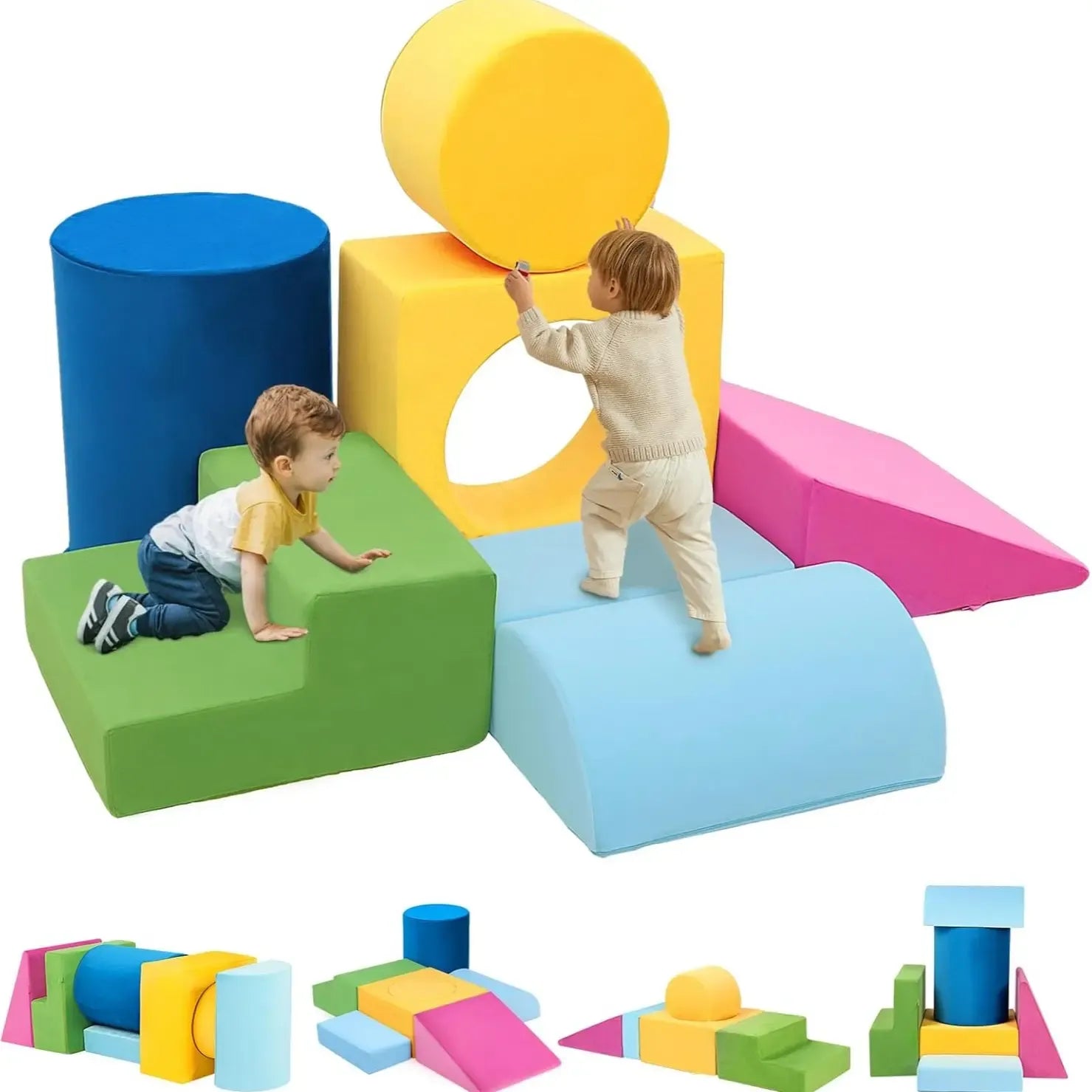 NLDD 6-Piece Toddler Climbing Toys Indoor Soft Play Baby Climbing Blocks Safe Wooden Slide Playground Equipment Durable Foam Climbing Toys for Crawling and Sliding