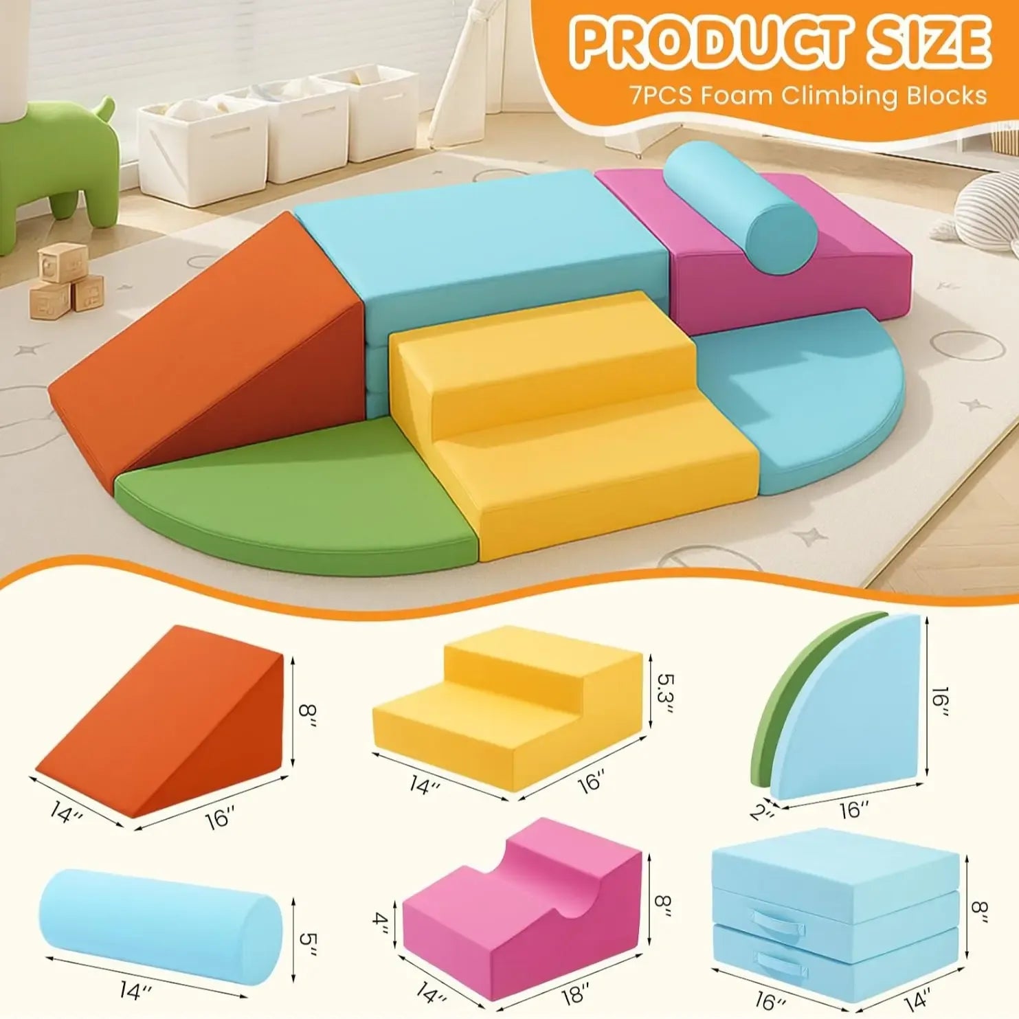 NLDD 6-Piece Toddler Climbing Toys Indoor Soft Play Baby Climbing Blocks Safe Wooden Slide Playground Equipment Durable Foam Climbing Toys for Crawling and Sliding