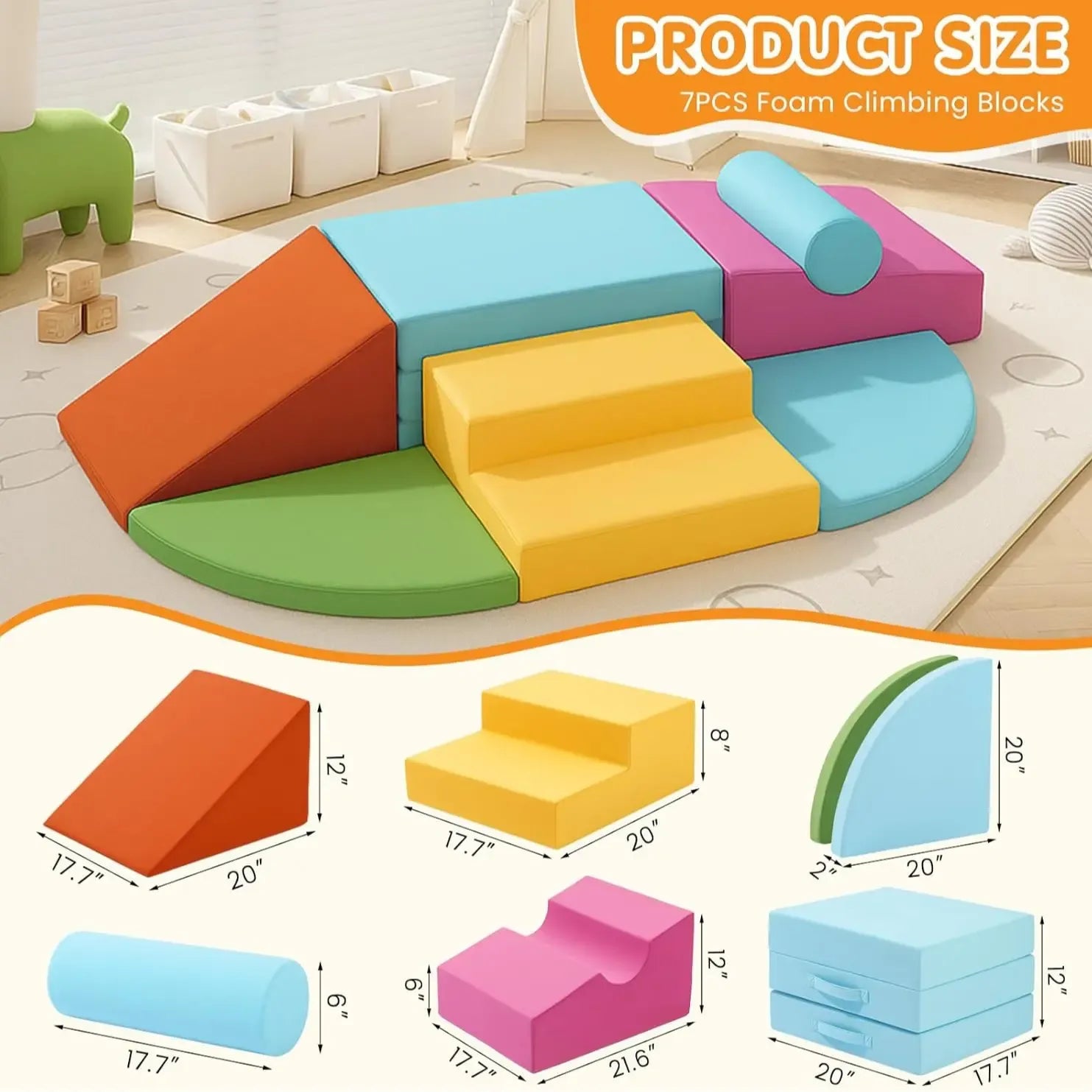 NLDD 6-Piece Toddler Climbing Toys Indoor Soft Play Baby Climbing Blocks Safe Wooden Slide Playground Equipment Durable Foam Climbing Toys for Crawling and Sliding