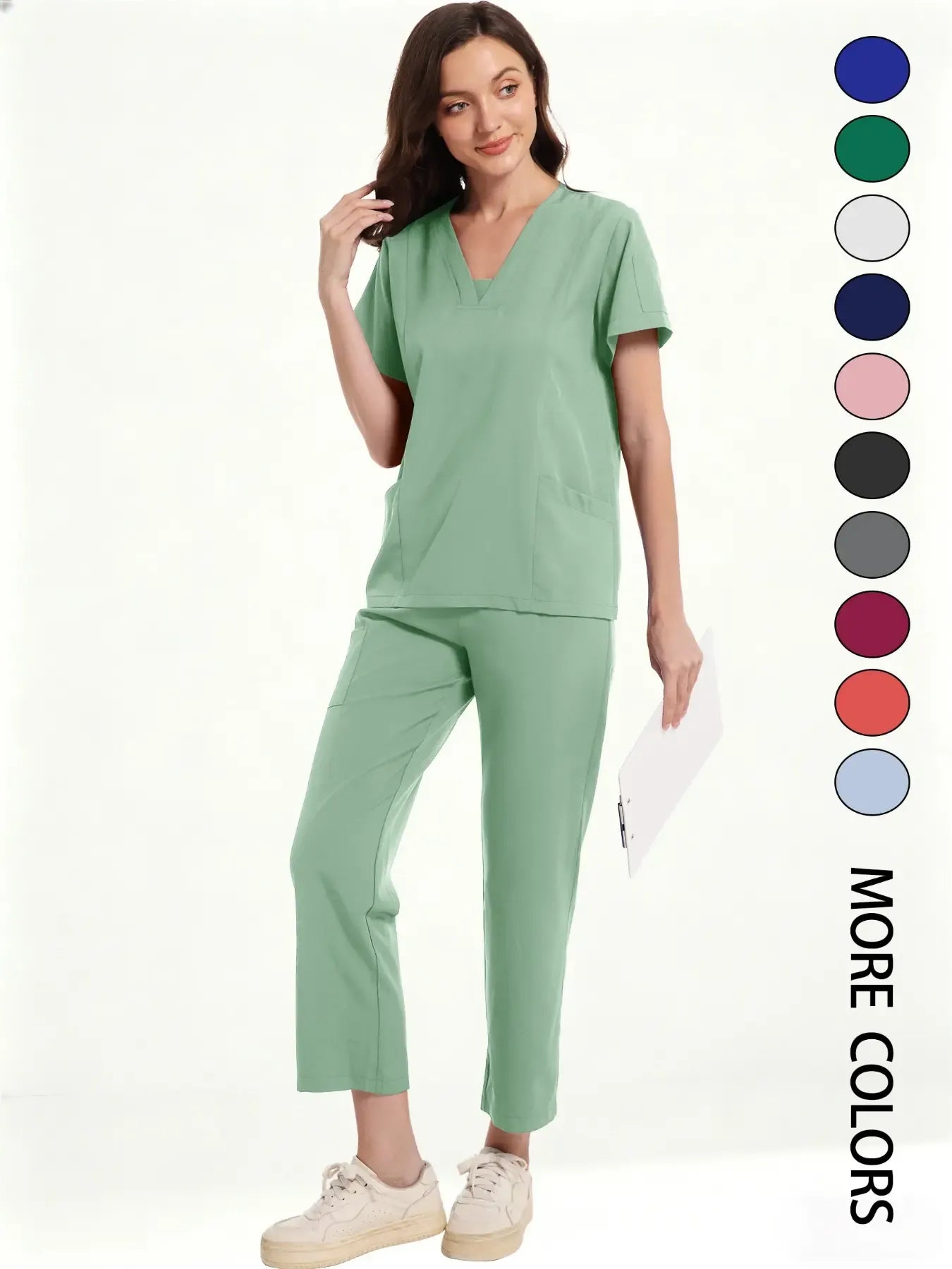 Women's Medical Short Sleeve V-Neck Multi-Pocket Set Uniforms, Lightweight Comfortable Polyester, All Seasons, Suitable for Nurses Doctors Dentists Beauty Salons, Workwear Womenswear