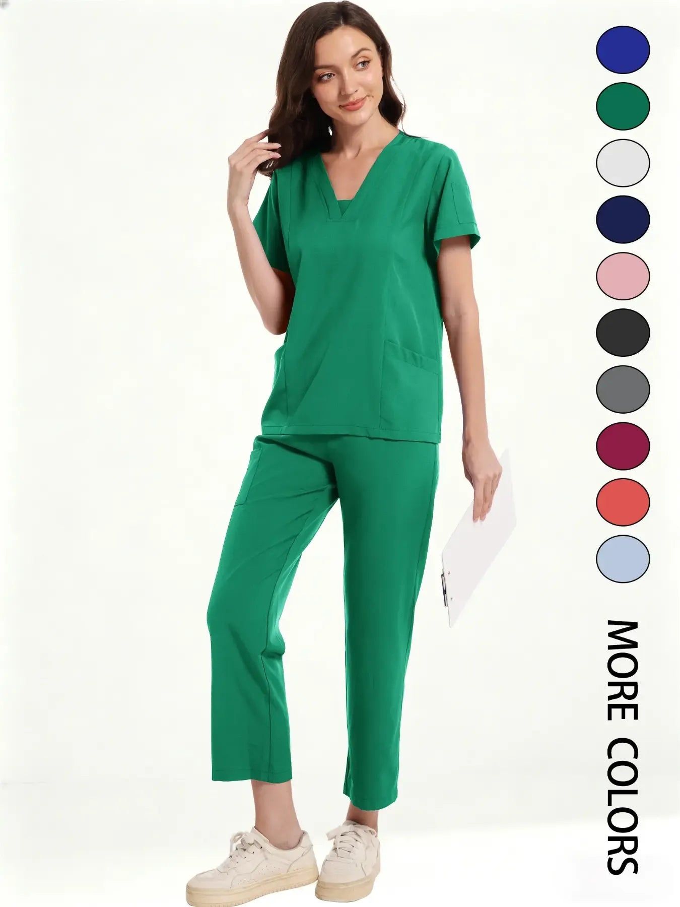 Women's Medical Short Sleeve V-Neck Multi-Pocket Set Uniforms, Lightweight Comfortable Polyester, All Seasons, Suitable for Nurses Doctors Dentists Beauty Salons, Workwear Womenswear