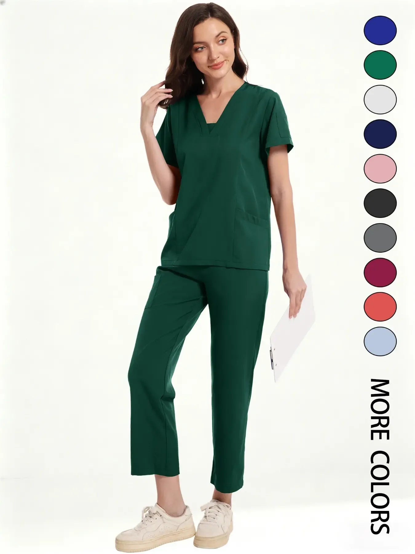 Women's Medical Short Sleeve V-Neck Multi-Pocket Set Uniforms, Lightweight Comfortable Polyester, All Seasons, Suitable for Nurses Doctors Dentists Beauty Salons, Workwear Womenswear