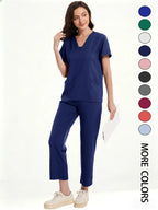 Women's Medical Short Sleeve V-Neck Multi-Pocket Set Uniforms, Lightweight Comfortable Polyester, All Seasons, Suitable for Nurses Doctors Dentists Beauty Salons, Workwear Womenswear