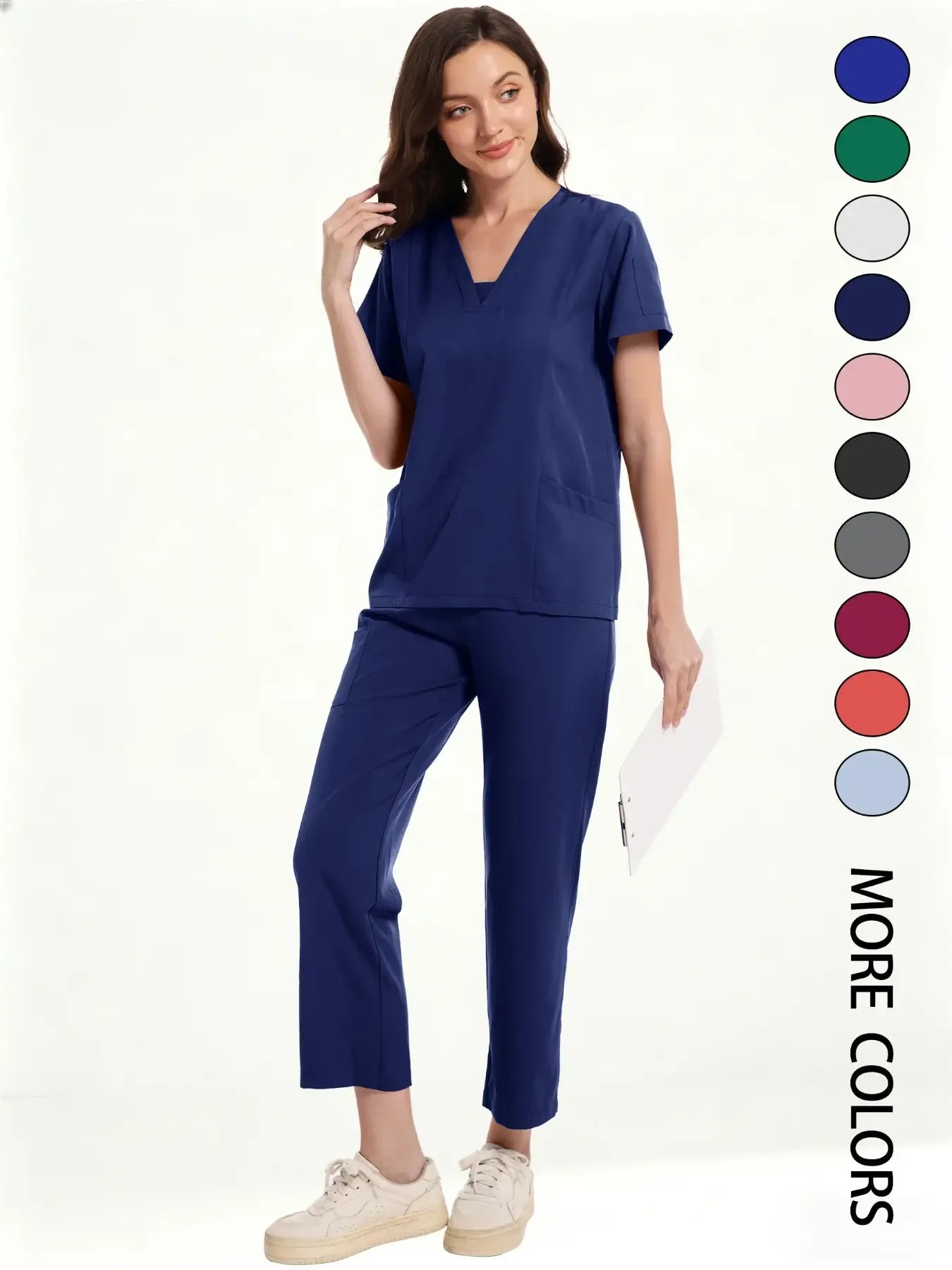 Women's Medical Short Sleeve V-Neck Multi-Pocket Set Uniforms, Lightweight Comfortable Polyester, All Seasons, Suitable for Nurses Doctors Dentists Beauty Salons, Workwear Womenswear