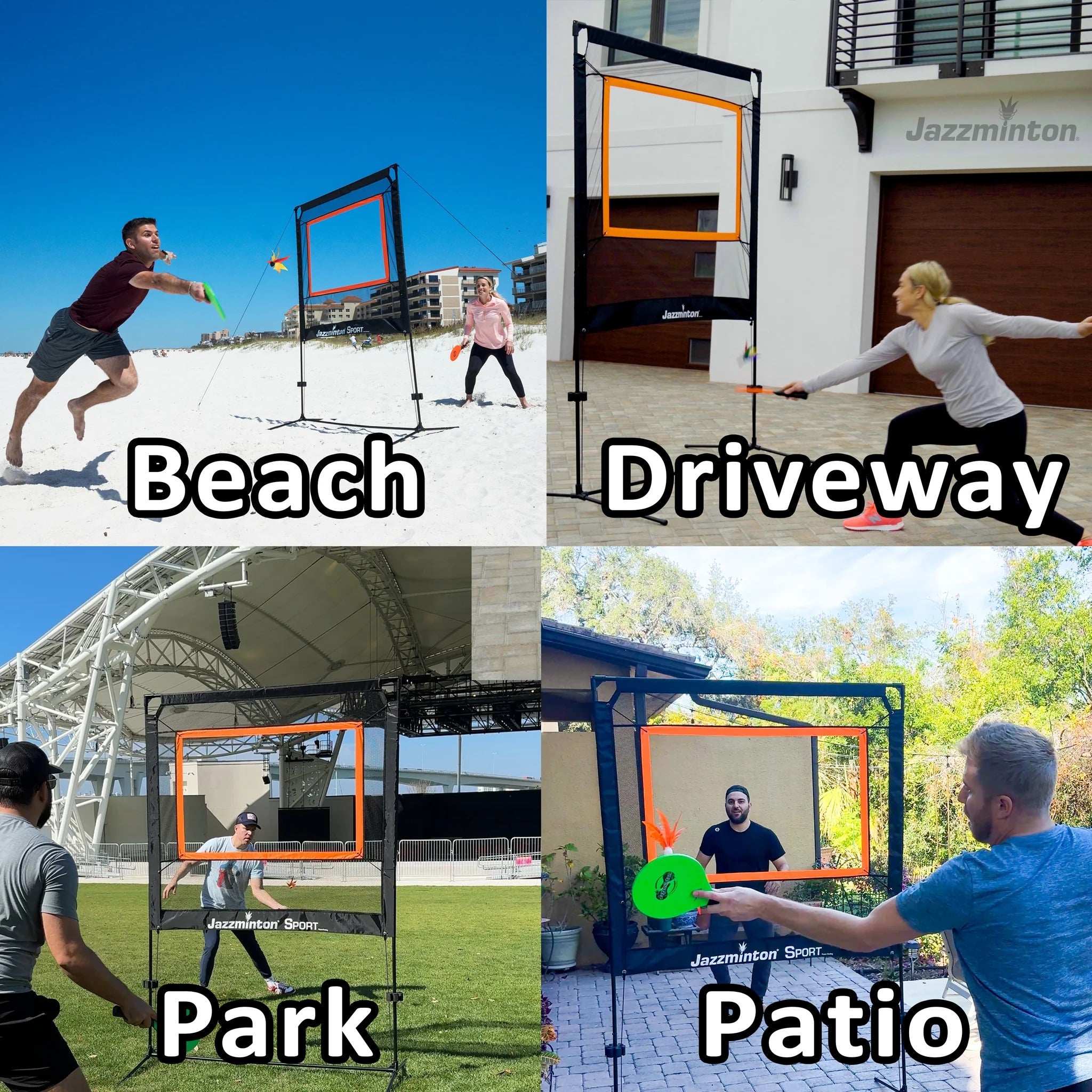 Jazzminton Sport breaks the mold, play indoors or out, no court required. Bring the action to you, set up in minutes and let the rallies fly!